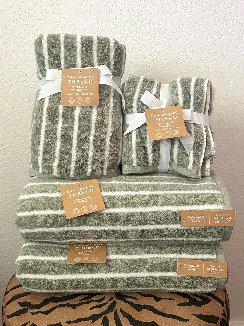 NEW Common Thread 8-Piece Eco-Melange Bamboo Zero Twist Striped Bath Towel Set